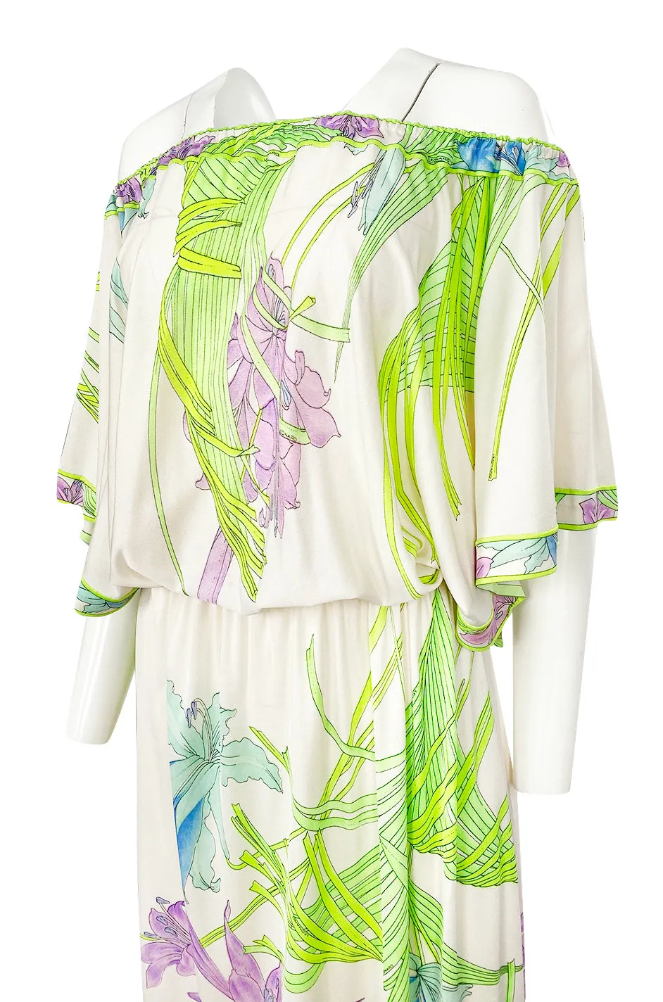 1970s Leonard Paris Off Shoulder Tropical Floral Print Silk Jersey Dress