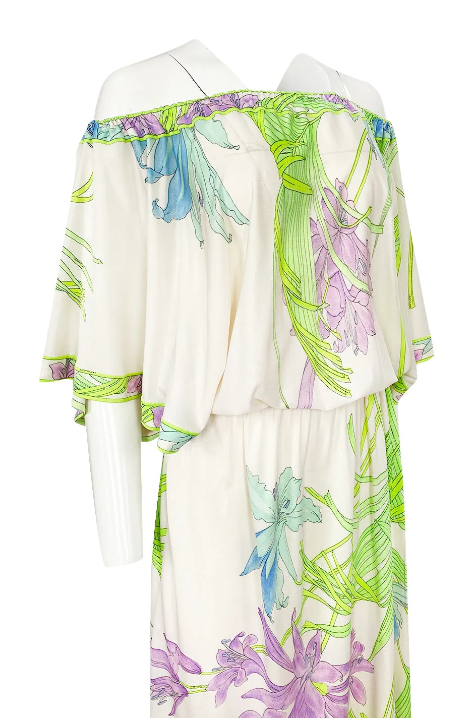 1970s Leonard Paris Off Shoulder Tropical Floral Print Silk Jersey Dress