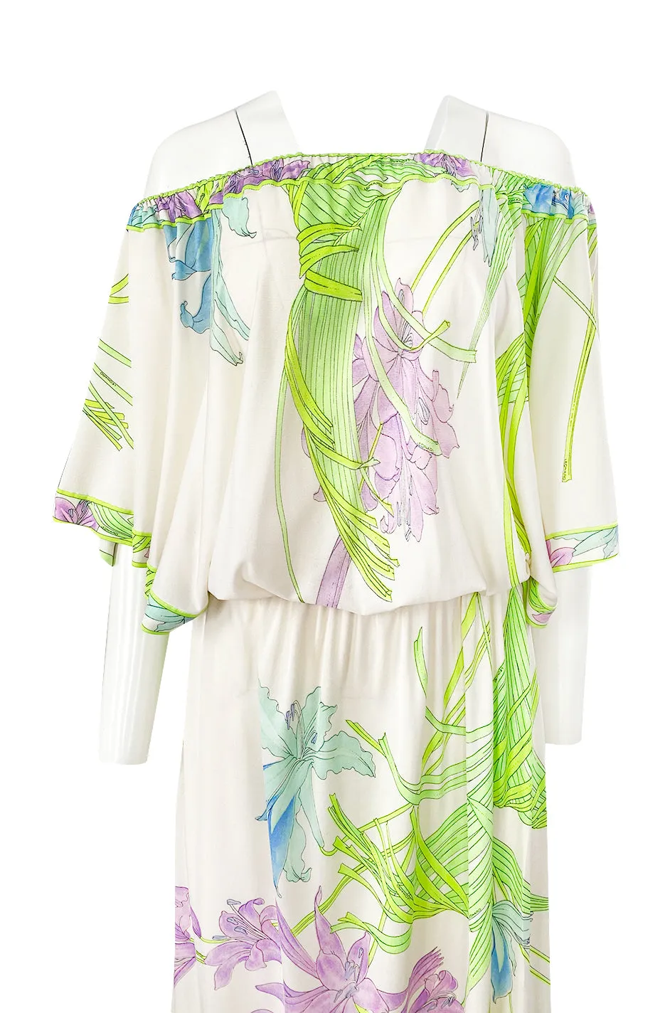 1970s Leonard Paris Off Shoulder Tropical Floral Print Silk Jersey Dress