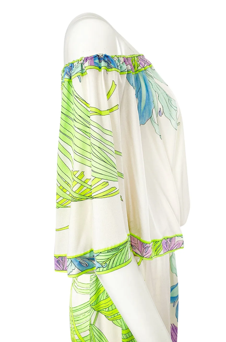 1970s Leonard Paris Off Shoulder Tropical Floral Print Silk Jersey Dress