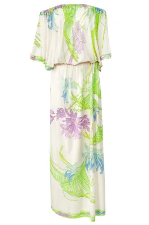 1970s Leonard Paris Off Shoulder Tropical Floral Print Silk Jersey Dress