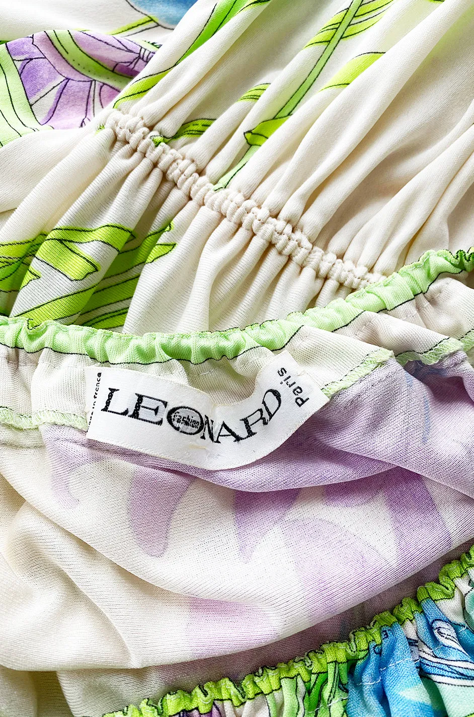 1970s Leonard Paris Off Shoulder Tropical Floral Print Silk Jersey Dress