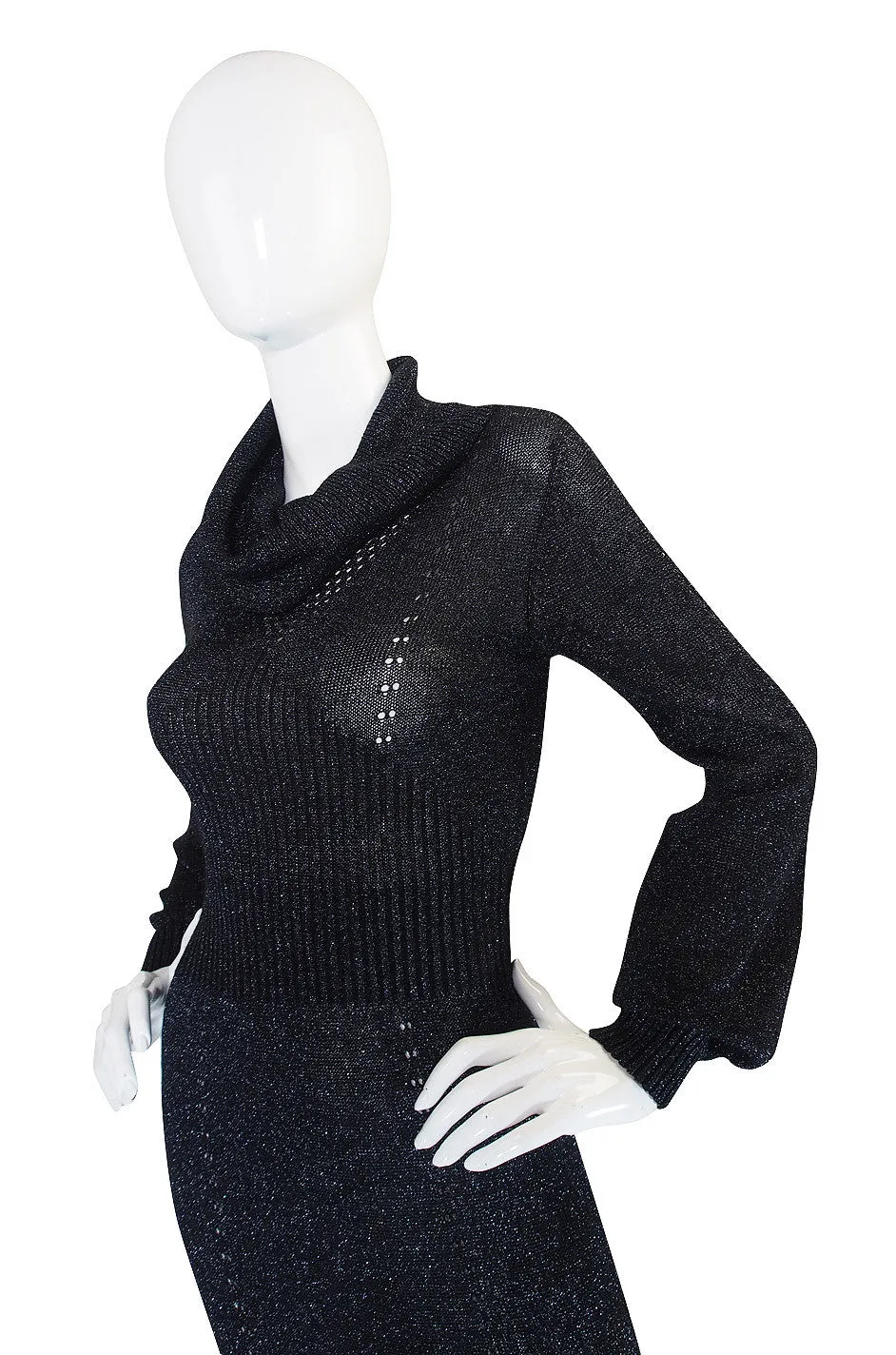 1970s Supermodel Length Wenjilli Metallic Black Dress