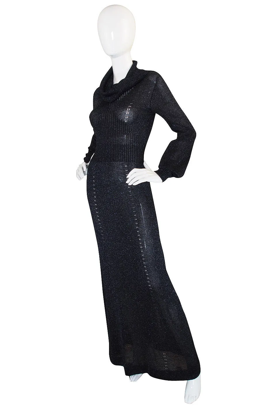 1970s Supermodel Length Wenjilli Metallic Black Dress