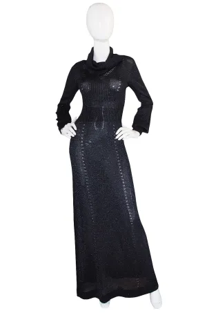 1970s Supermodel Length Wenjilli Metallic Black Dress