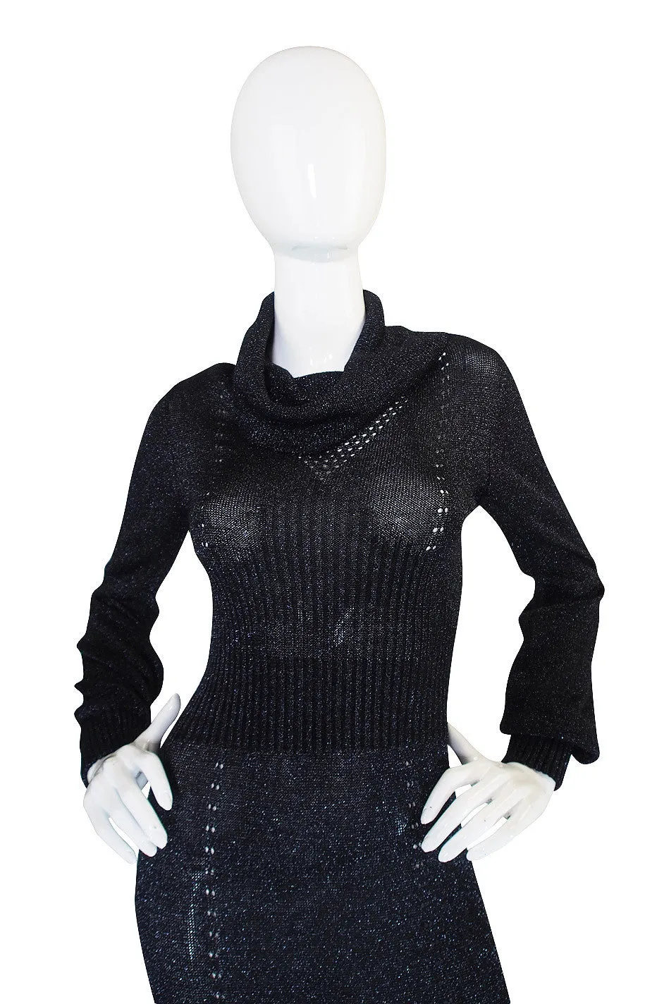 1970s Supermodel Length Wenjilli Metallic Black Dress