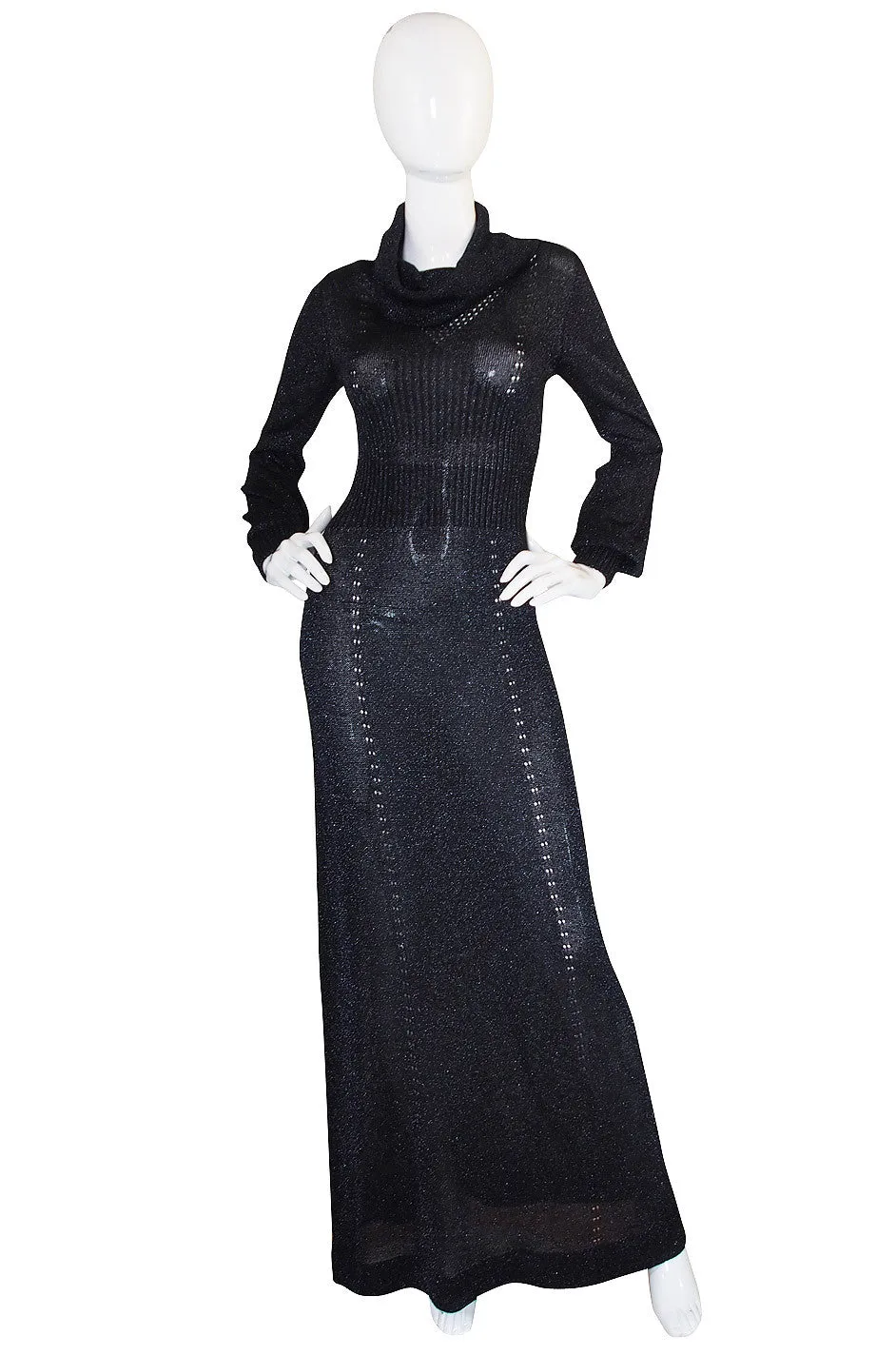 1970s Supermodel Length Wenjilli Metallic Black Dress