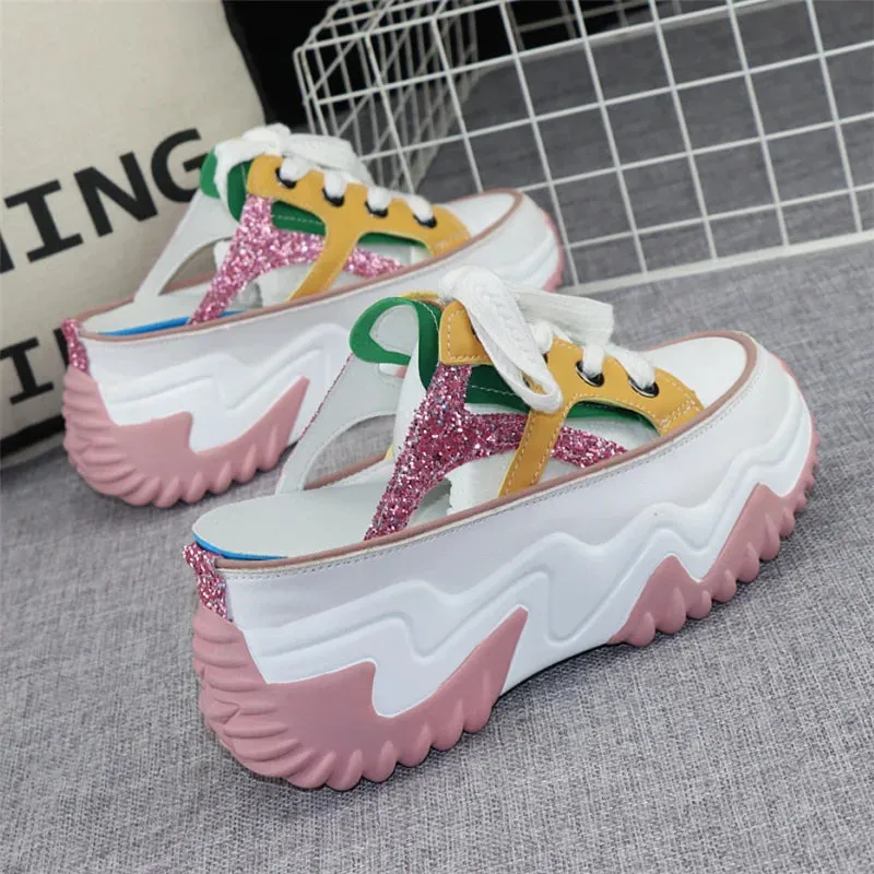 8cm Glitter Leather Women Chunky Sneakers Platform Wedge Breathable Slippers Comfortable Hollow Summer Shoes