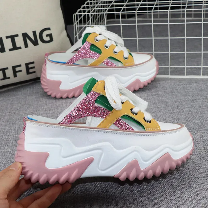 8cm Glitter Leather Women Chunky Sneakers Platform Wedge Breathable Slippers Comfortable Hollow Summer Shoes