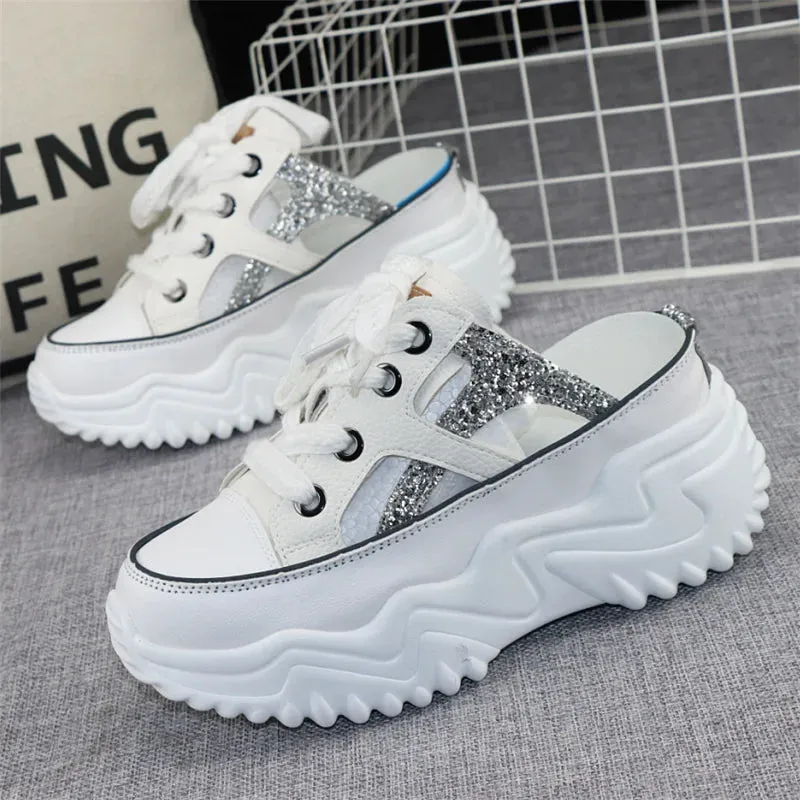 8cm Glitter Leather Women Chunky Sneakers Platform Wedge Breathable Slippers Comfortable Hollow Summer Shoes