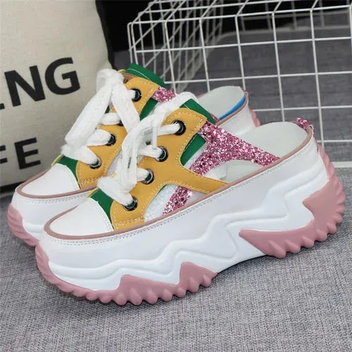 8cm Glitter Leather Women Chunky Sneakers Platform Wedge Breathable Slippers Comfortable Hollow Summer Shoes
