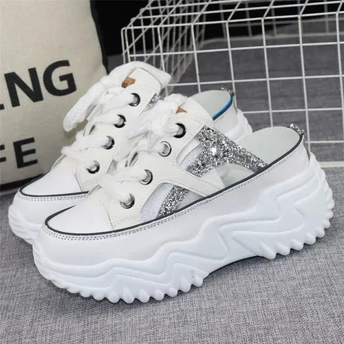8cm Glitter Leather Women Chunky Sneakers Platform Wedge Breathable Slippers Comfortable Hollow Summer Shoes