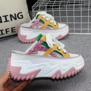 8cm Glitter Leather Women Chunky Sneakers Platform Wedge Breathable Slippers Comfortable Hollow Summer Shoes