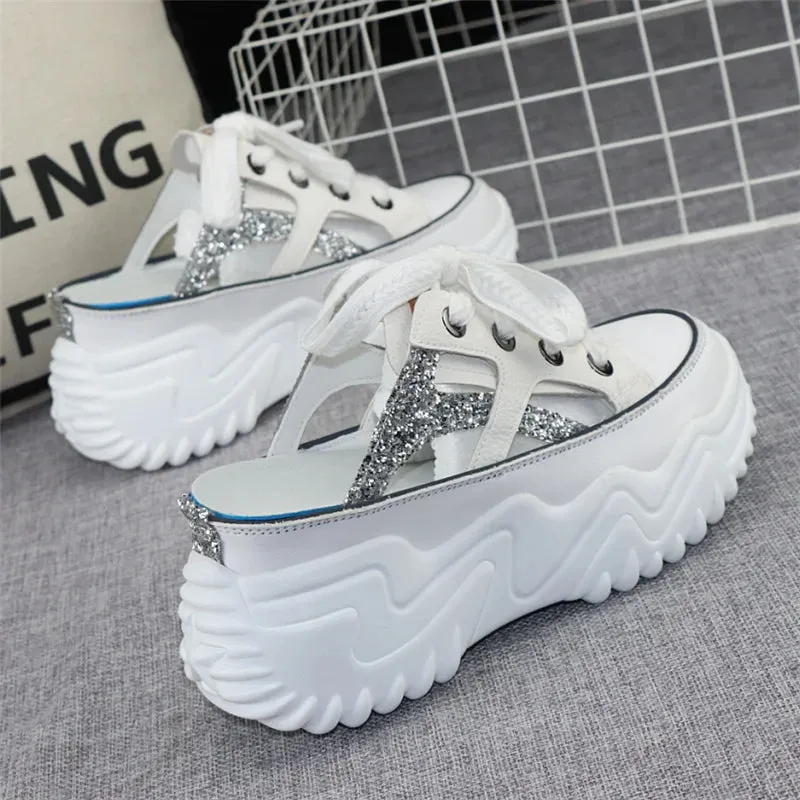 8cm Glitter Leather Women Chunky Sneakers Platform Wedge Breathable Slippers Comfortable Hollow Summer Shoes