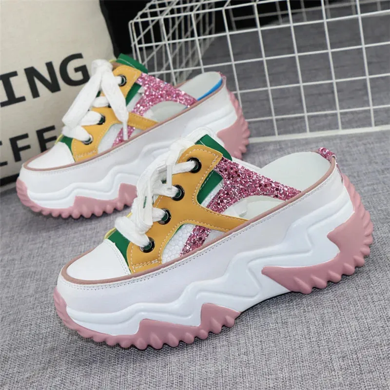 8cm Glitter Leather Women Chunky Sneakers Platform Wedge Breathable Slippers Comfortable Hollow Summer Shoes