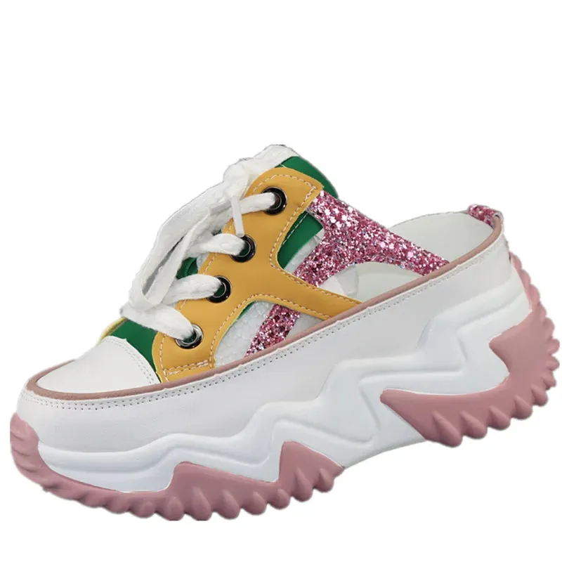 8cm Glitter Leather Women Chunky Sneakers Platform Wedge Breathable Slippers Comfortable Hollow Summer Shoes