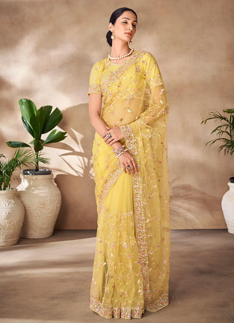 Amber Yellow Sequence Embroidery Party Wear Saree