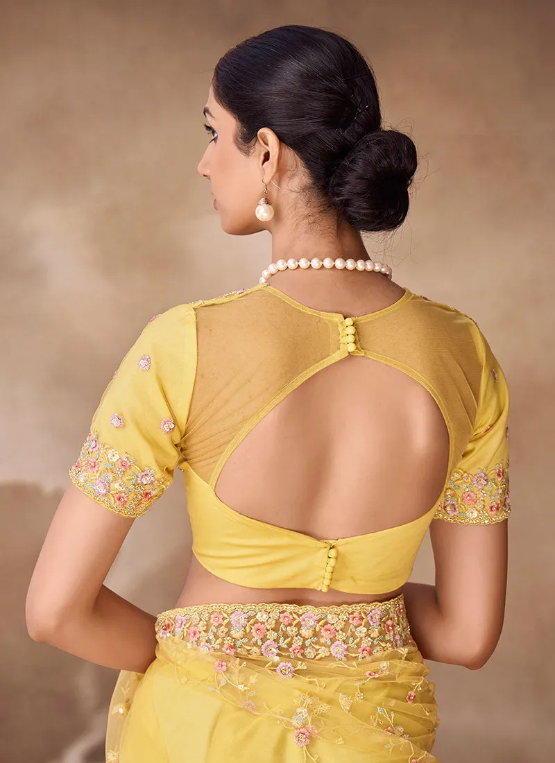 Amber Yellow Sequence Embroidery Party Wear Saree