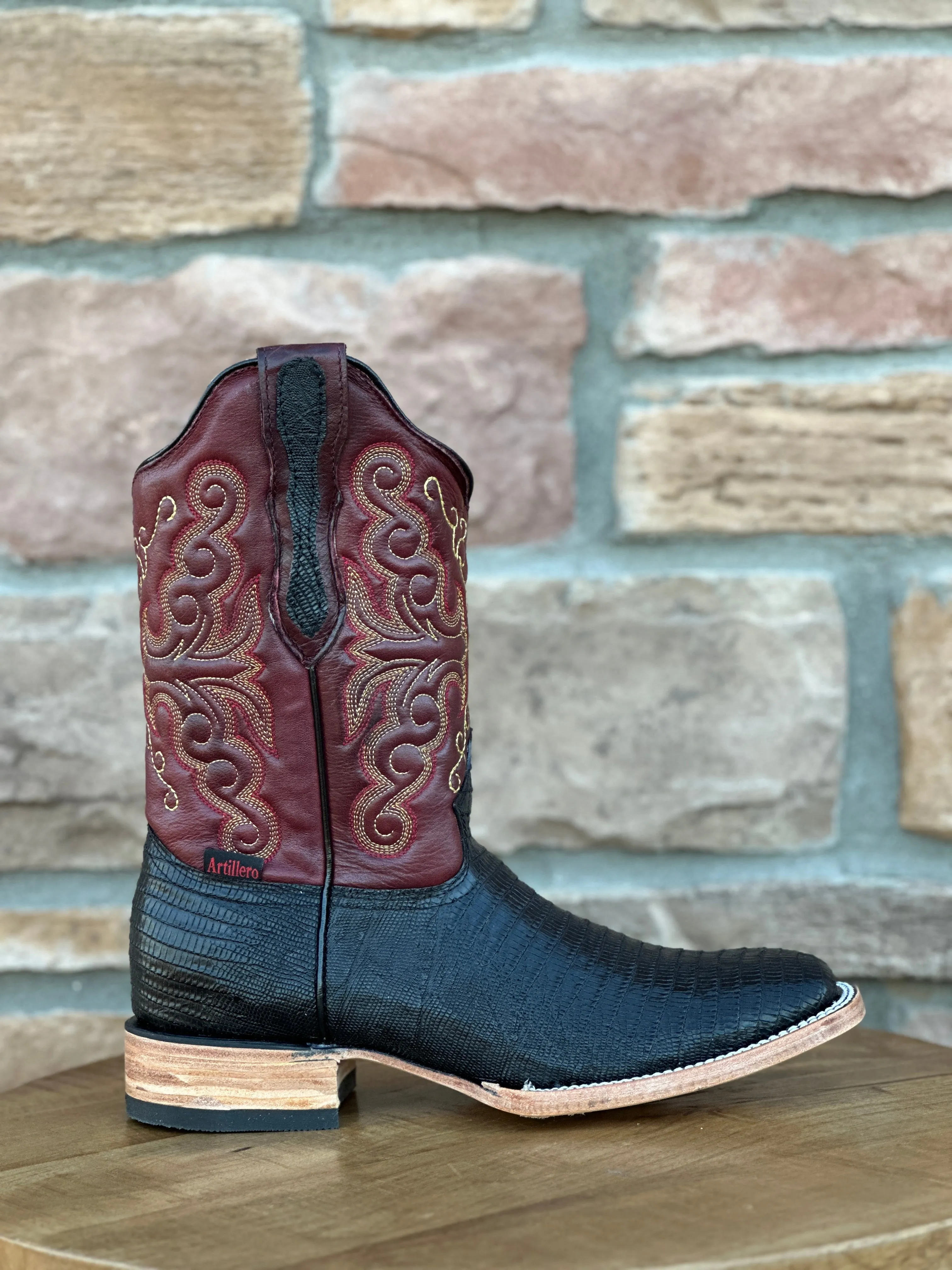 Artillero Black Teju Print Wide Square Toe Boots