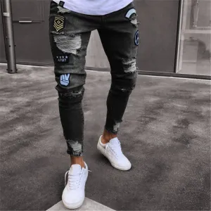 Badge High Waisted Jeans Slim Men's Ripped Jeans Pencil Pants