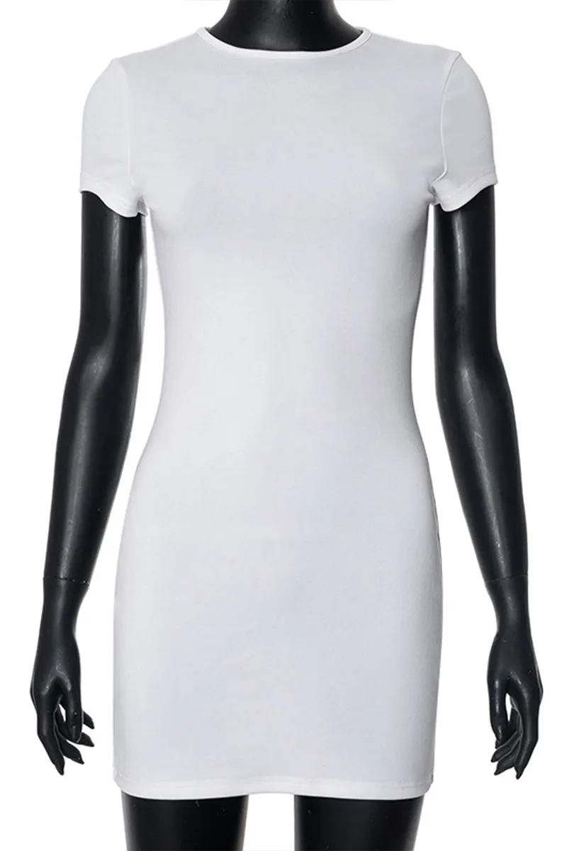 BL634 Solid Color Round Neck Short Sleeve Bodycon Mini Dress