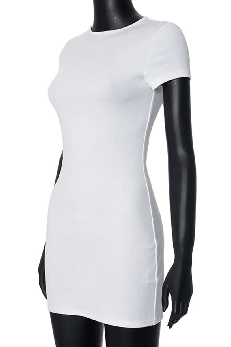 BL634 Solid Color Round Neck Short Sleeve Bodycon Mini Dress