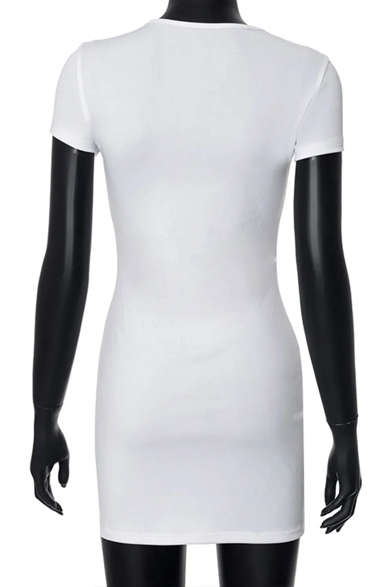 BL634 Solid Color Round Neck Short Sleeve Bodycon Mini Dress