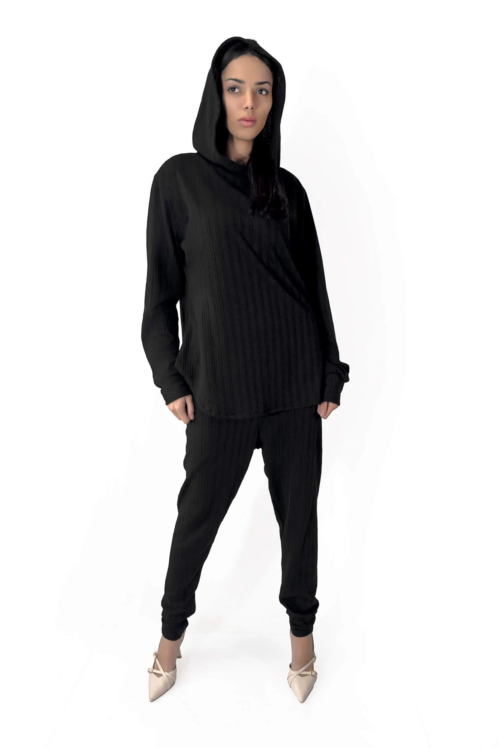 Black Bella Ribbed Knitwear Hoodie & Joggers Set