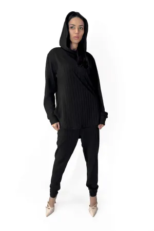 Black Bella Ribbed Knitwear Hoodie & Joggers Set