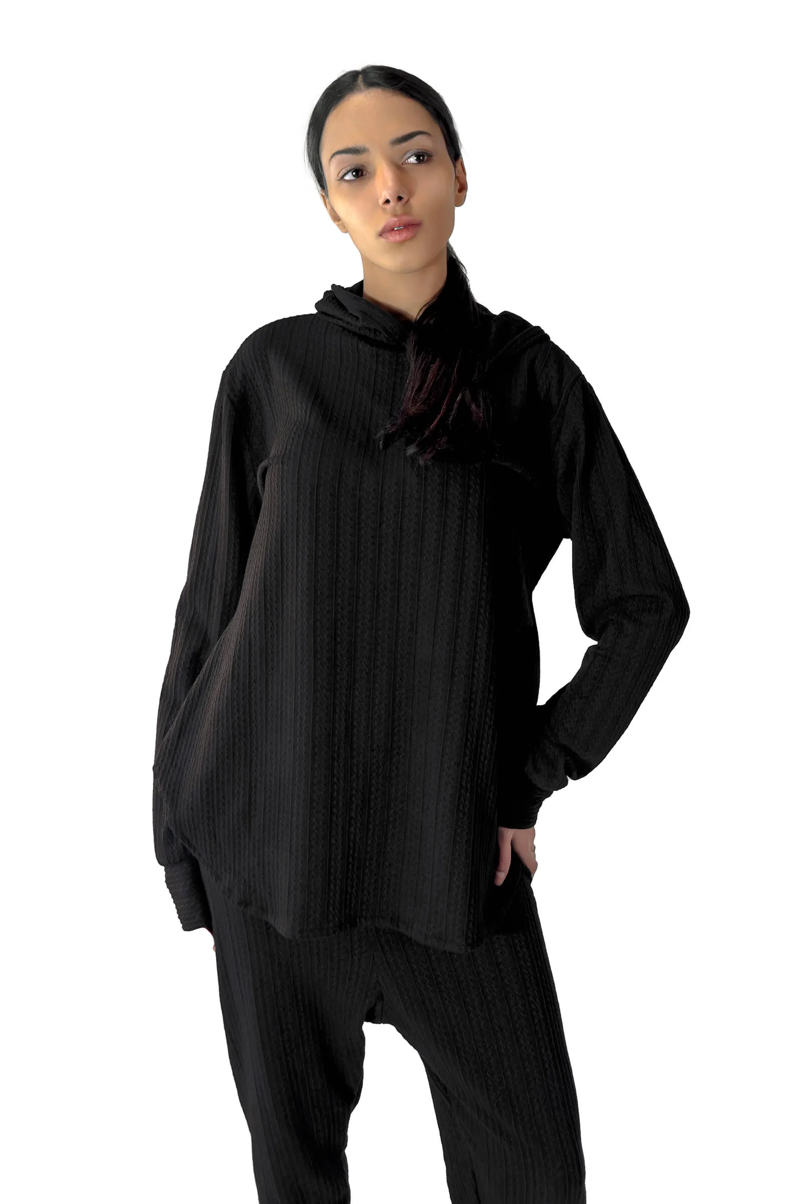 Black Bella Ribbed Knitwear Hoodie & Joggers Set