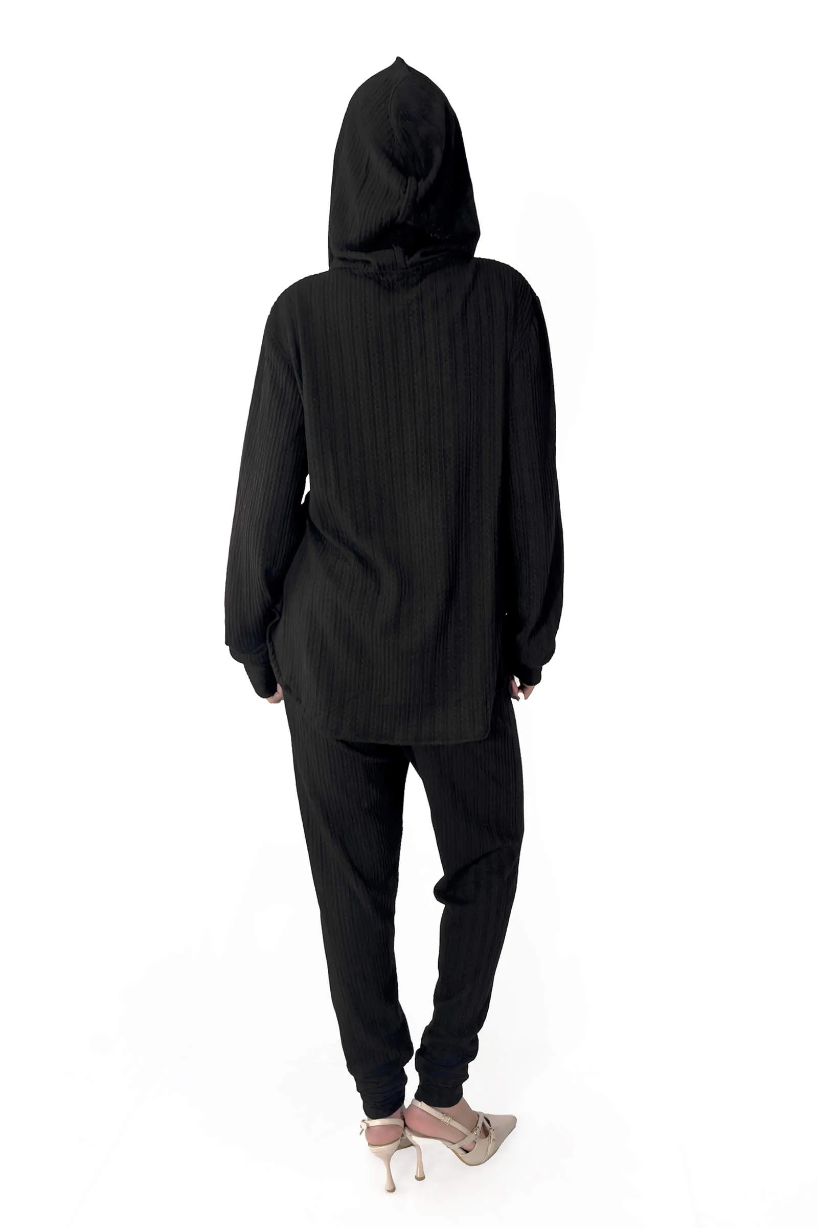 Black Bella Ribbed Knitwear Hoodie & Joggers Set
