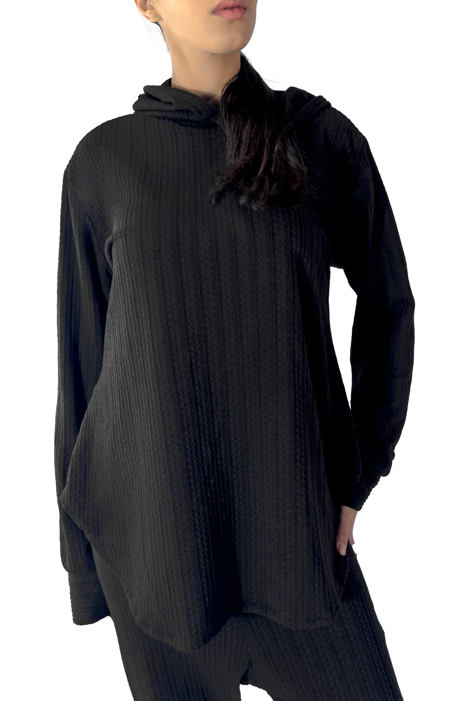 Black Bella Ribbed Knitwear Hoodie & Joggers Set