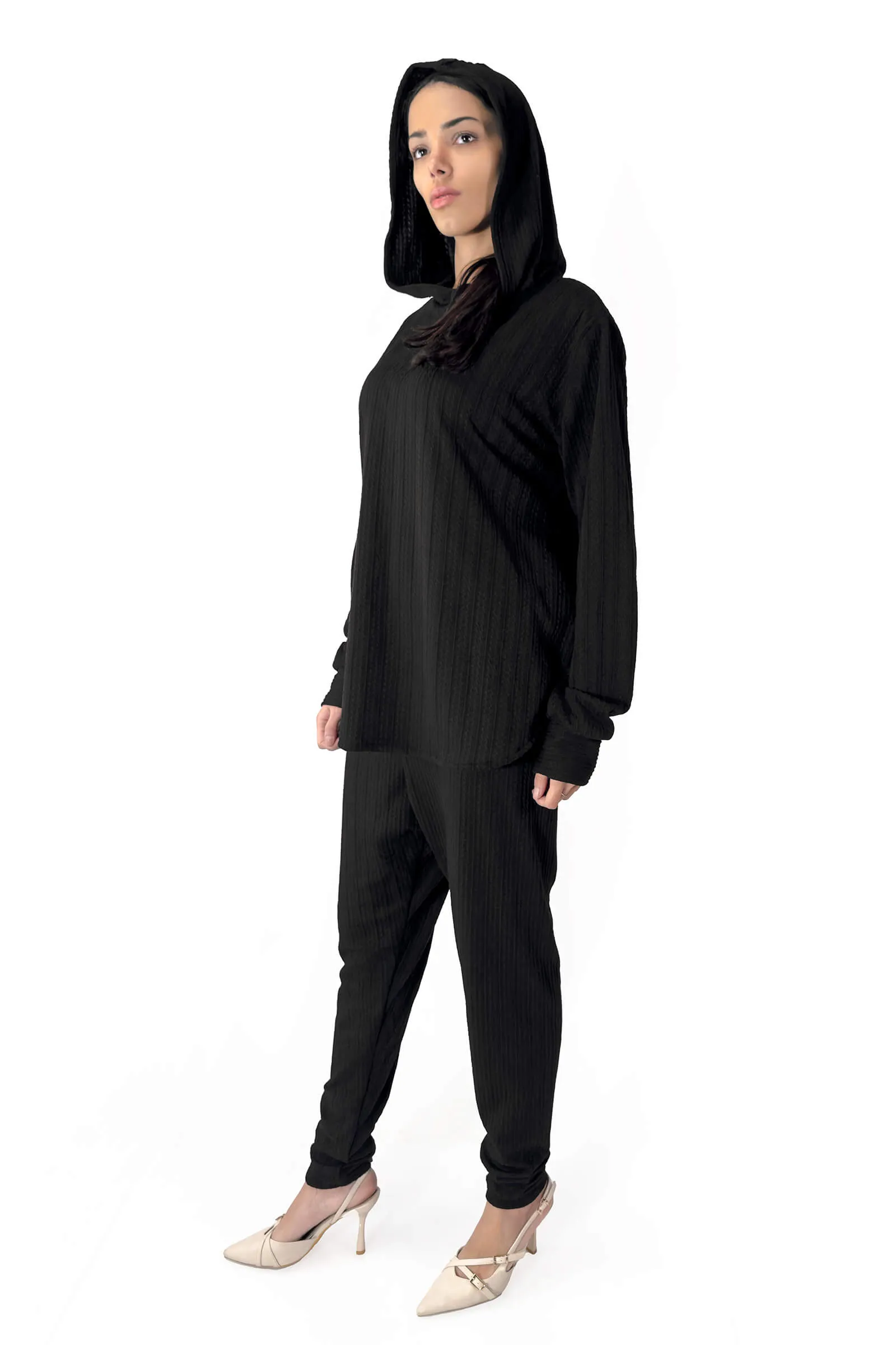 Black Bella Ribbed Knitwear Hoodie & Joggers Set