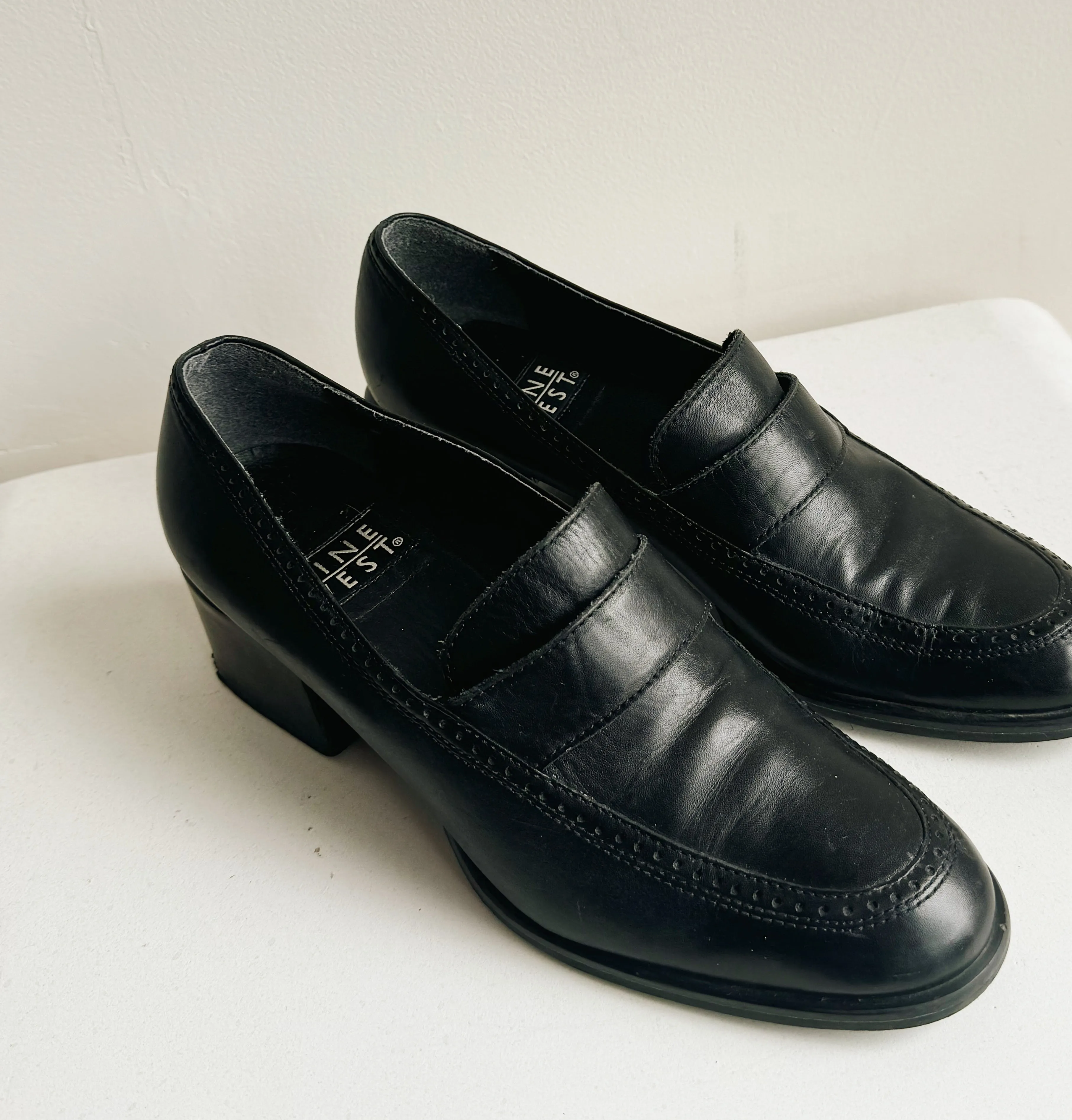 Black Block Heel Leather Loafers | Size 7.5
