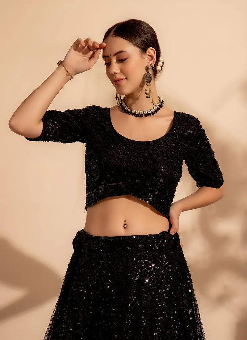 Black Sequence Embroidery Lehenga Choli For Engagement