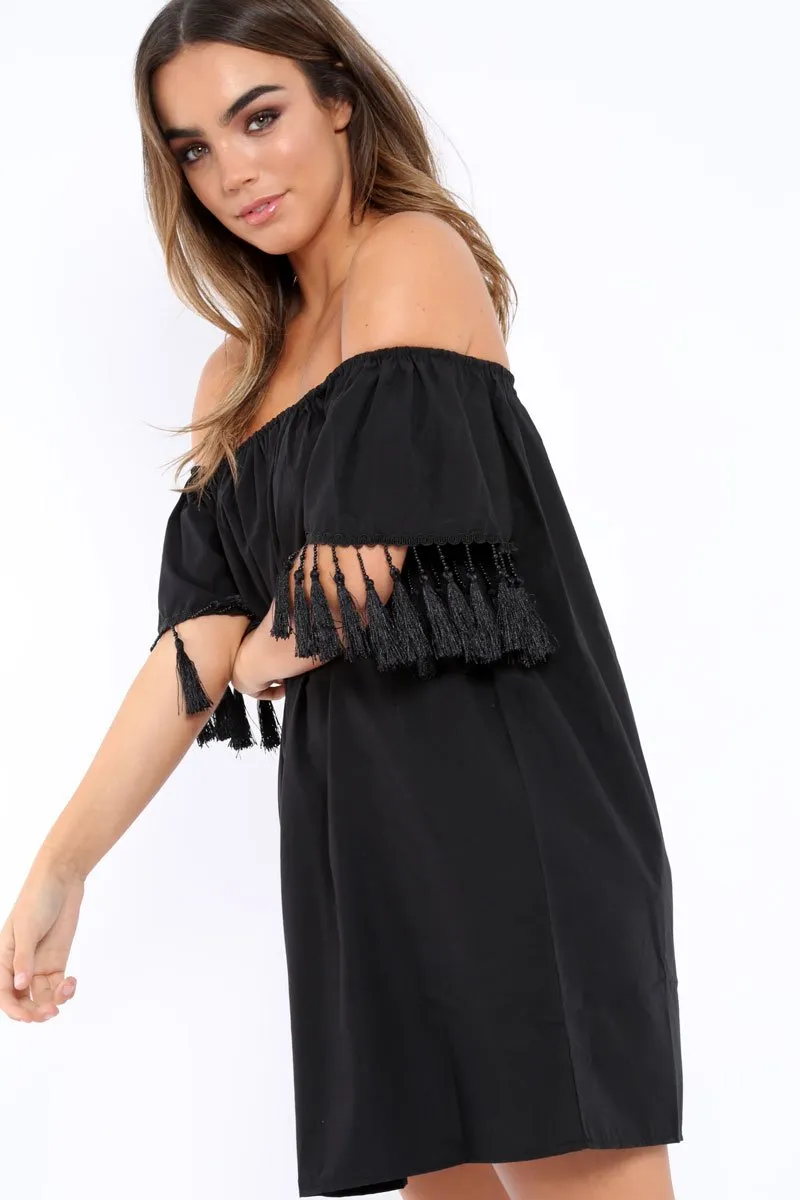 Black Shift Dress With Tassle Sleeves - Danielle