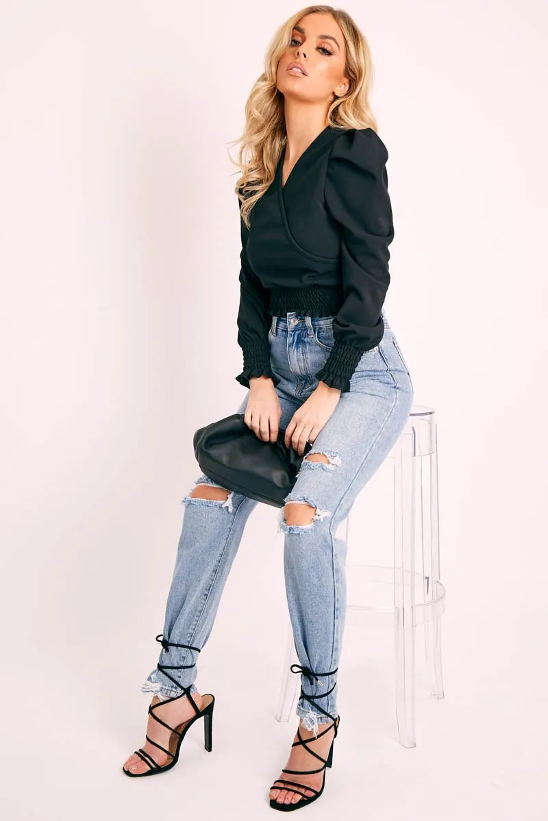Black Shirred Hem Wrap Crop Top - Symone
