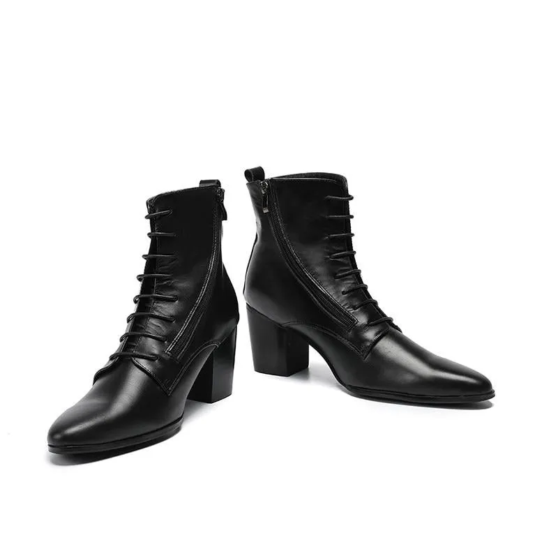 Black Soft Leather Ankle Boots Thick Heels Men Shoes