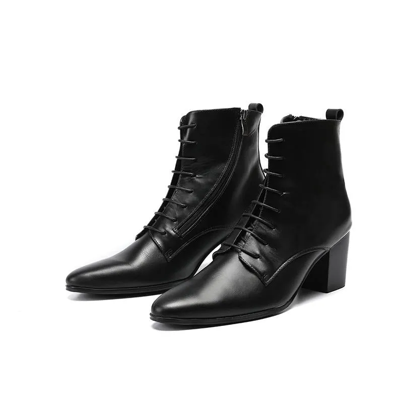 Black Soft Leather Ankle Boots Thick Heels Men Shoes