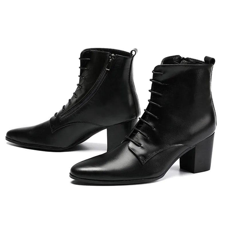 Black Soft Leather Ankle Boots Thick Heels Men Shoes