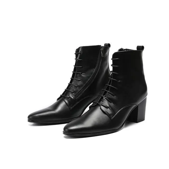 Black Soft Leather Ankle Boots Thick Heels Men Shoes