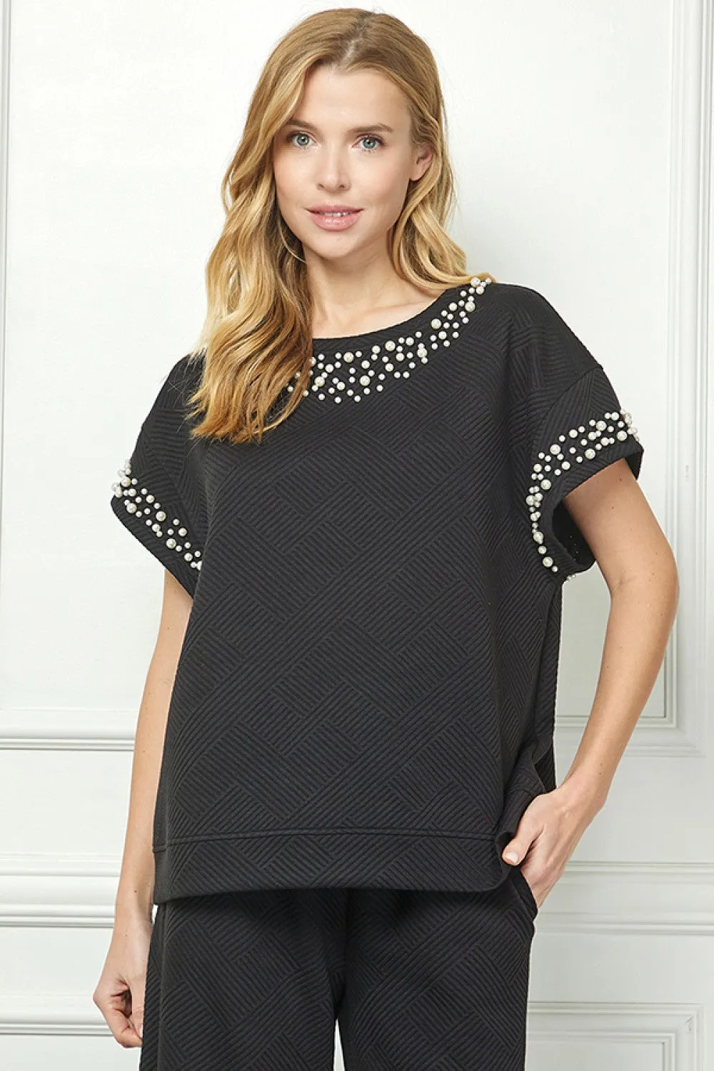 Black Textured Short Sleeve Top & Pant Set w/ Pearl Details