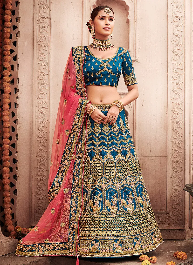 Blue And Pink Zari Embroidered Wedding Lehenga Choli