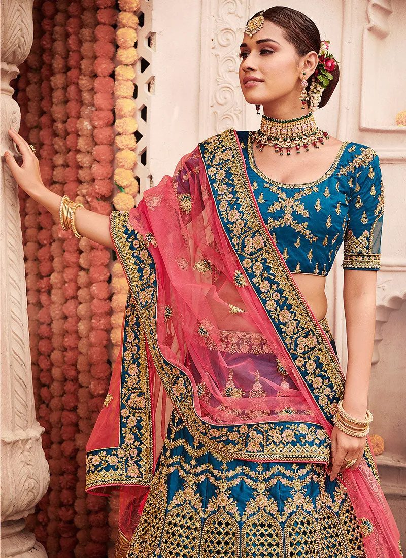 Blue And Pink Zari Embroidered Wedding Lehenga Choli