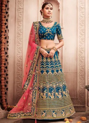 Blue And Pink Zari Embroidered Wedding Lehenga Choli