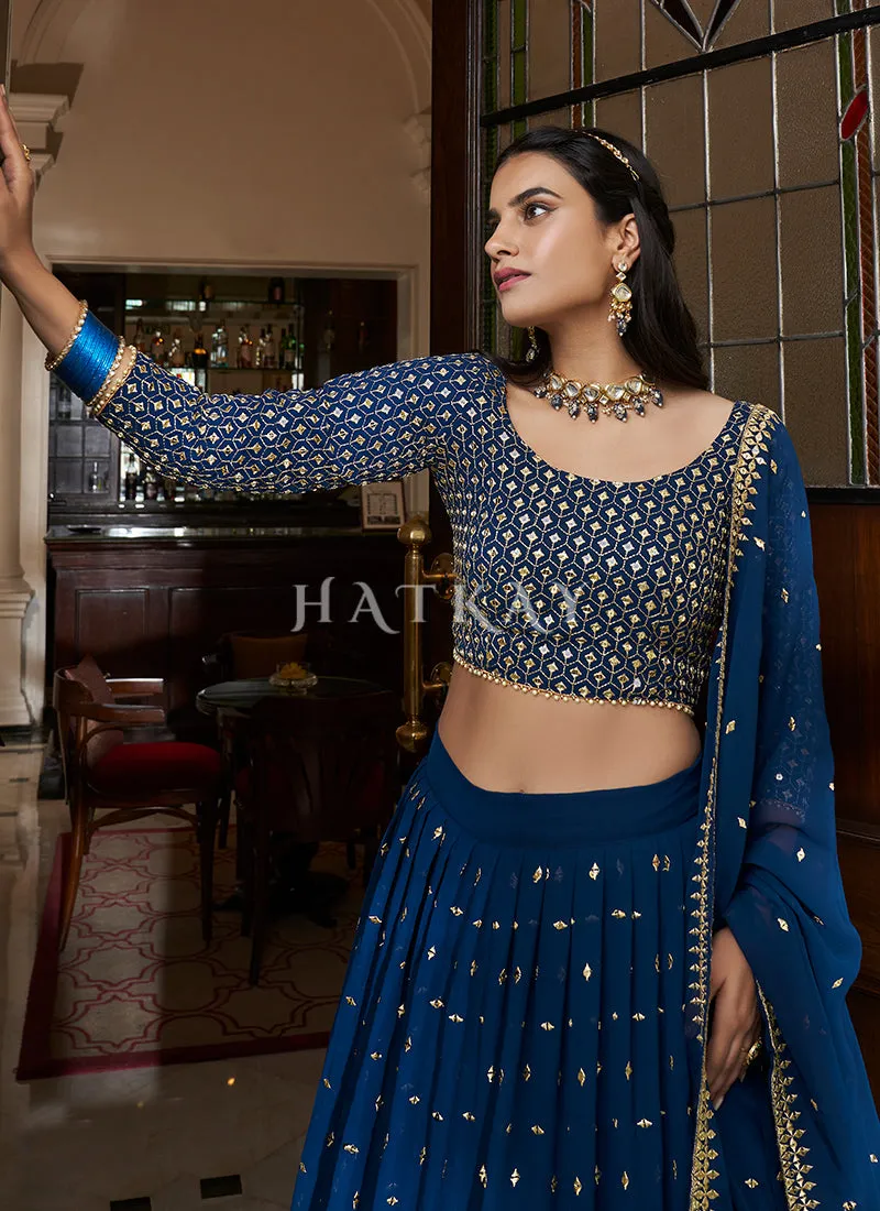 Blue Georgette Embroidery Wedding Lehenga Choli