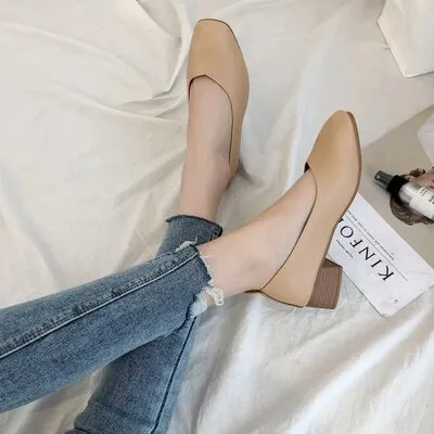 Breathable single shoes 2019 spring summer thick with casual work shoes Korean wild shallow mouth soft comfortable high heels