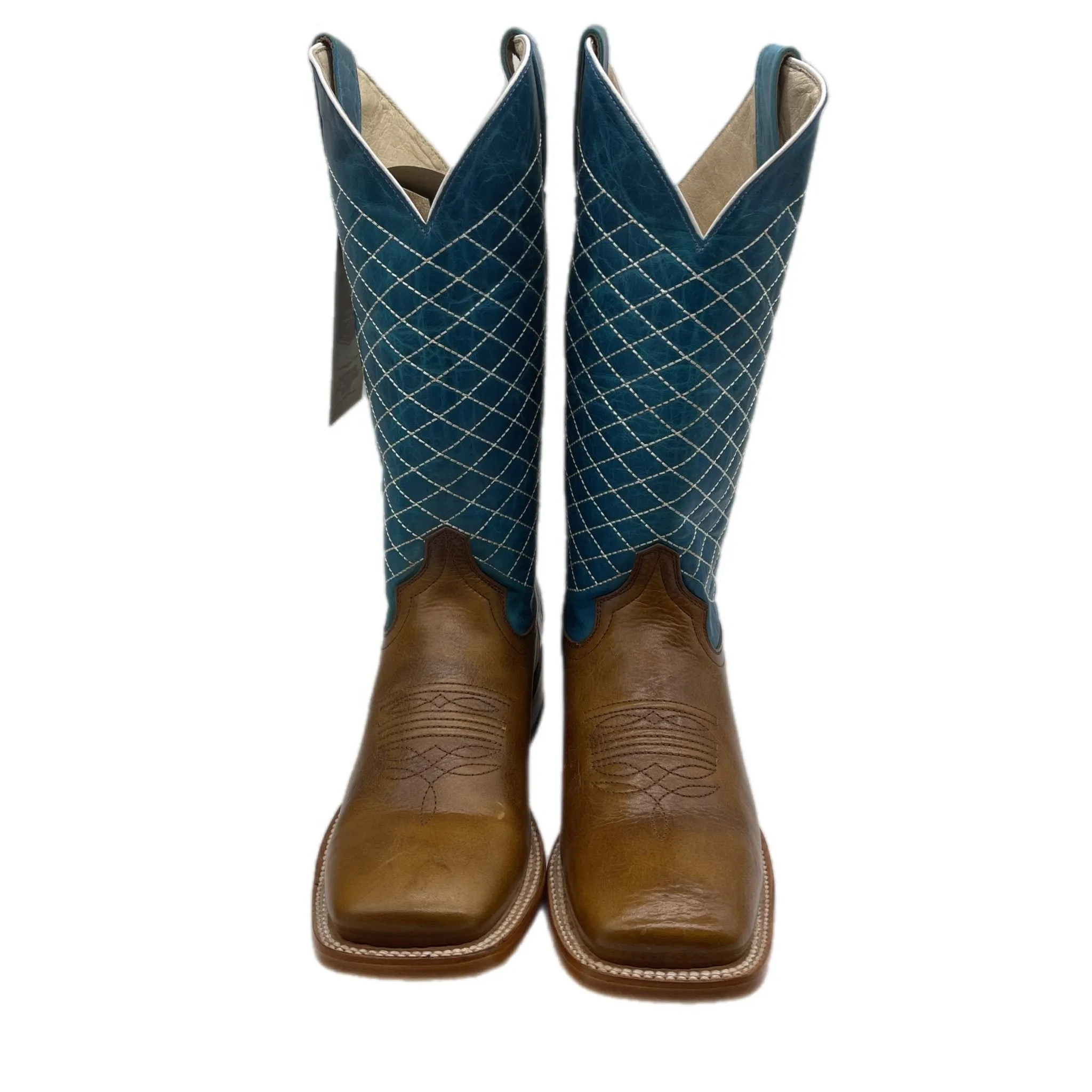 Brown Leather Light Blue Textured Boots