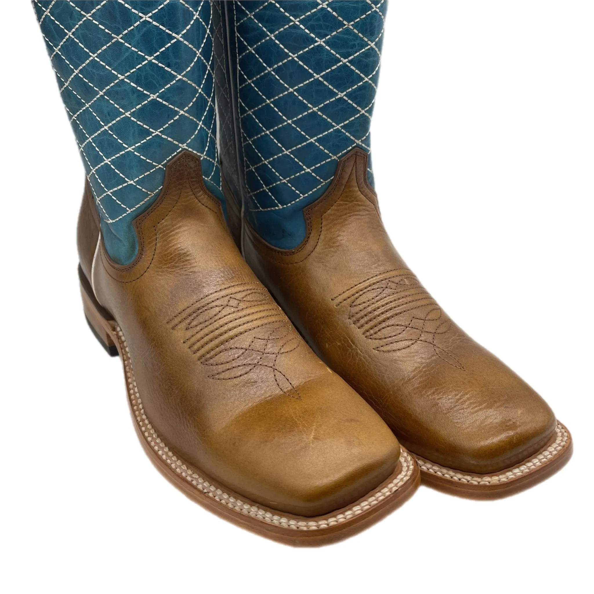 Brown Leather Light Blue Textured Boots