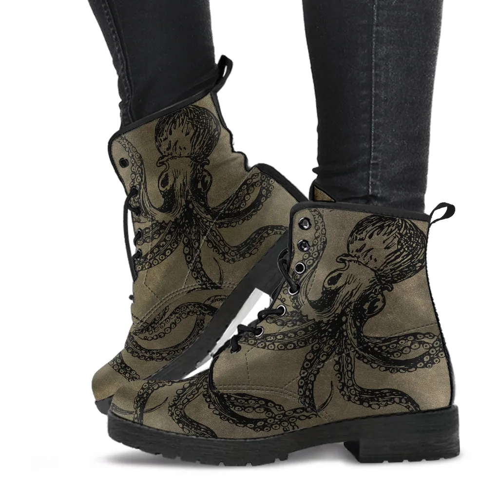 Brown Octopus Vegan Steampunk Boots
